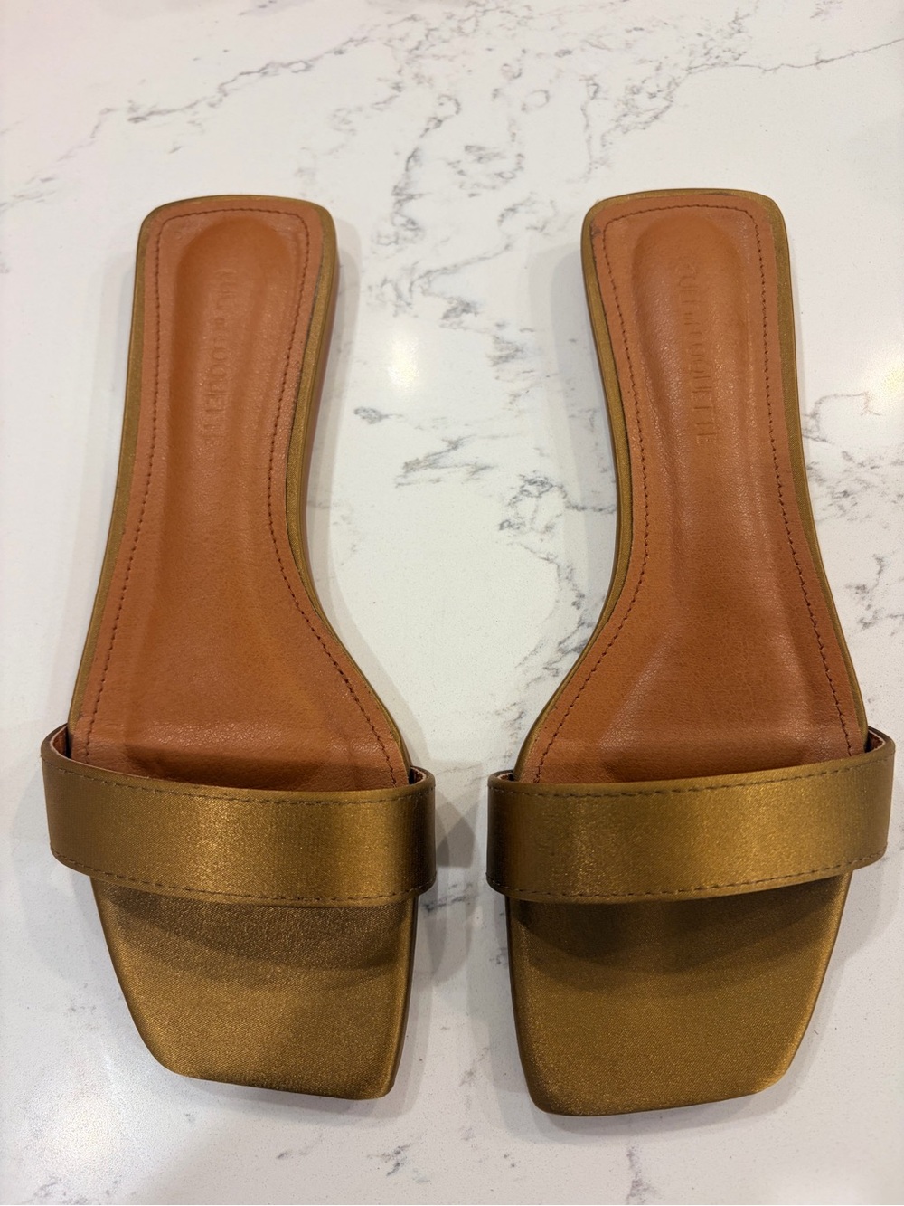 Cult of Coquette Olive Gold Satin Flat Slides | 8